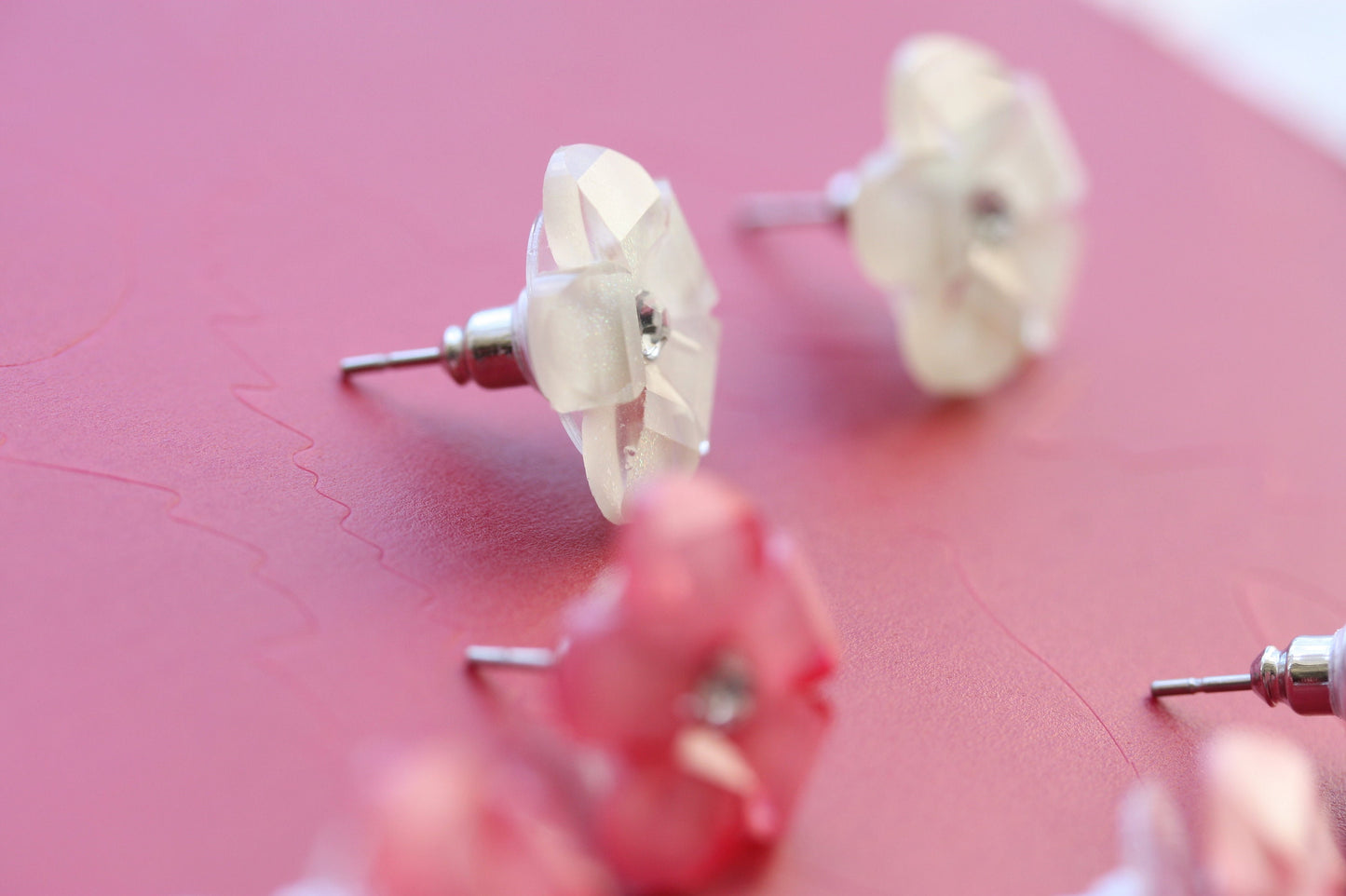 Stud flower earrings with rhinestone centers - dark pink, light pink, ivory - your choice