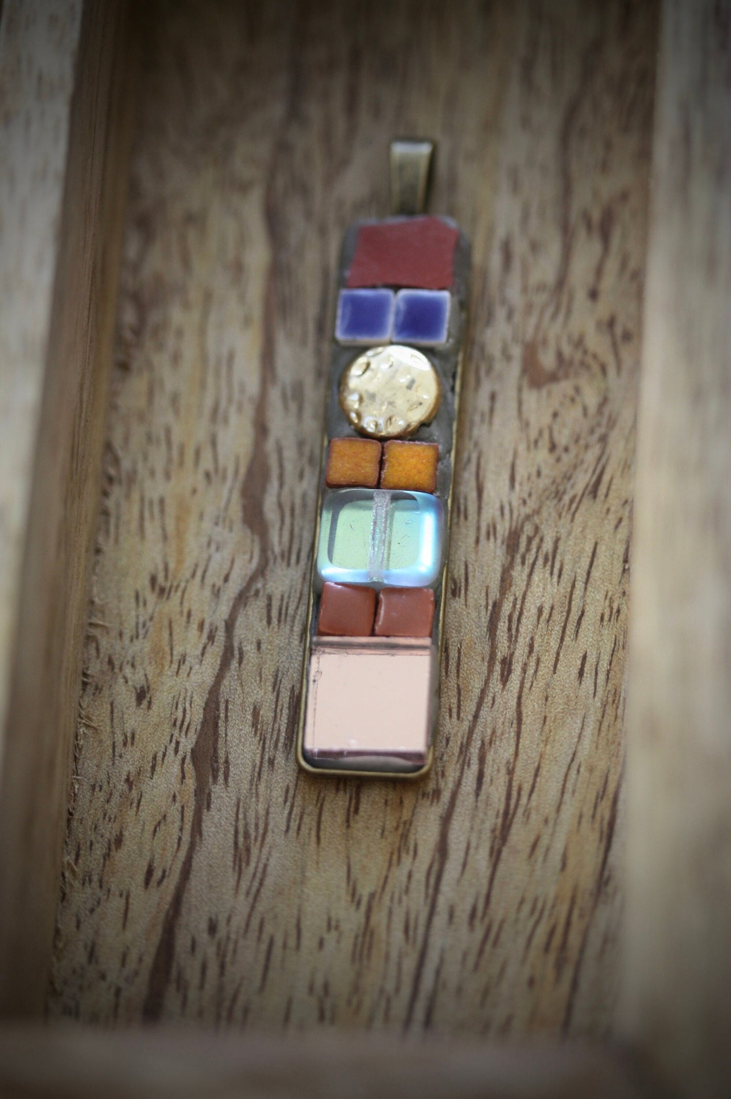 Handmade mixed material mosaic necklace - glass, ceramic tiles, rose gold colored mirror, upcycled goldtone hammered metal