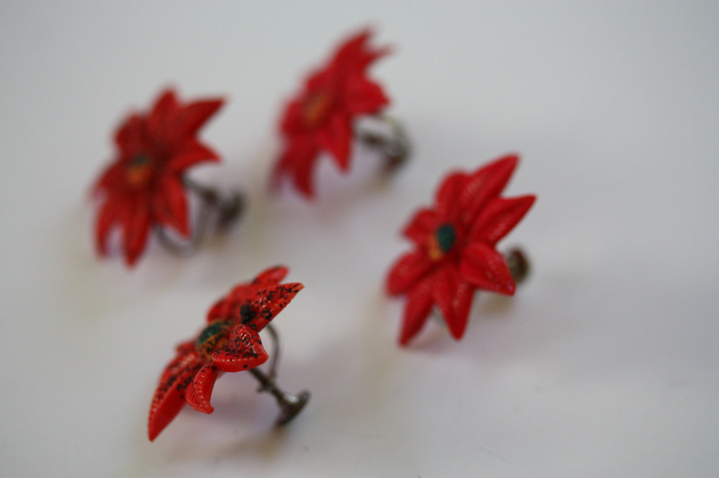 Red vintage Chrysanthemum clip earrings - perfect for the holidays