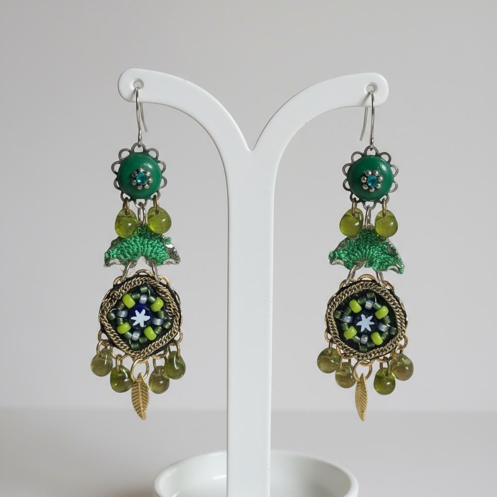 Handmade Green Mosaic Dangle Earrings – Boho Floral Beaded Earrings with Gold Leaf Charms, Vintage Style Artisan Jewelry, Statement Gift