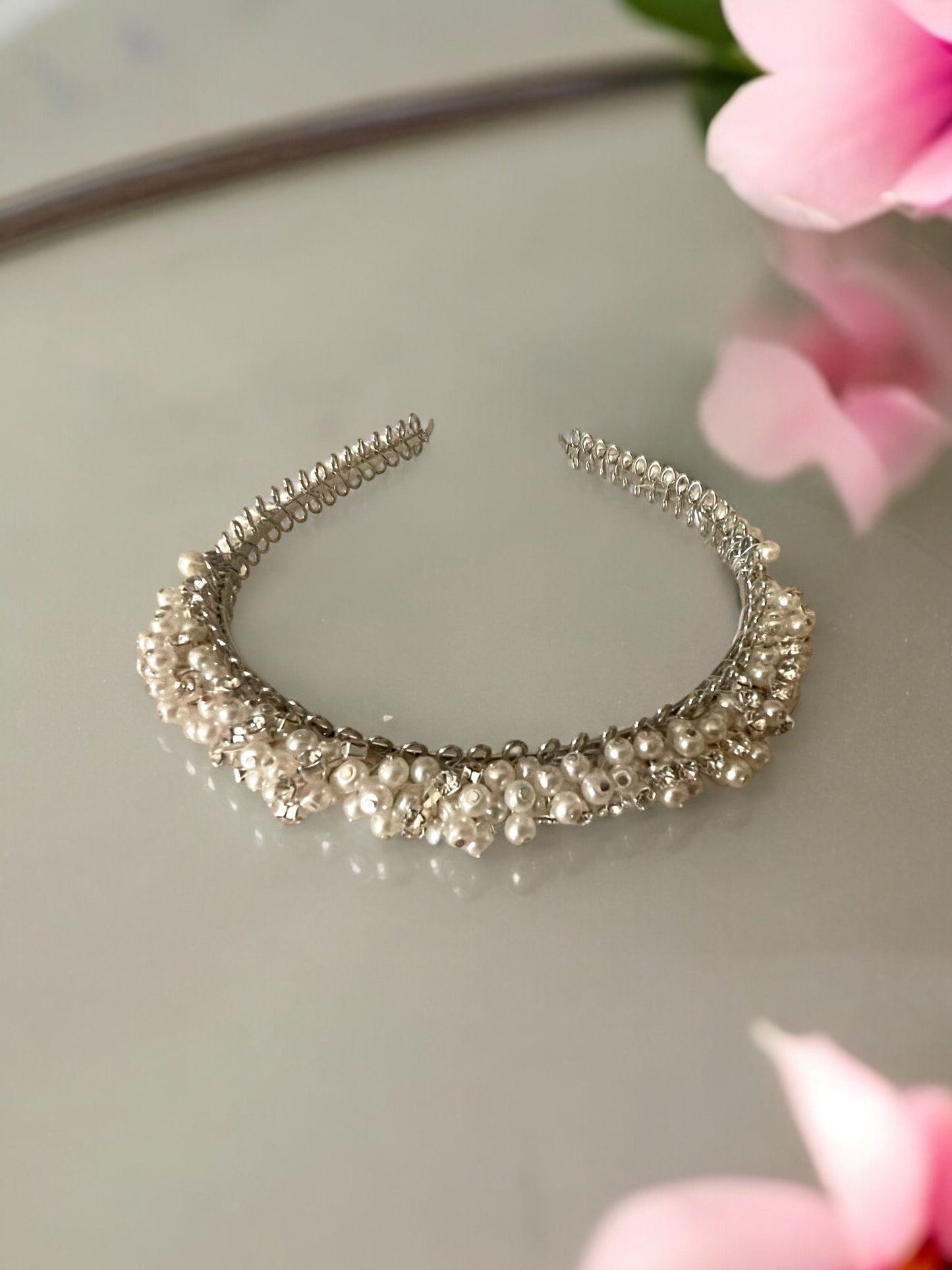Handmade stunning head band for hair - with rhinestones and pearls on metal base - wedding, bride