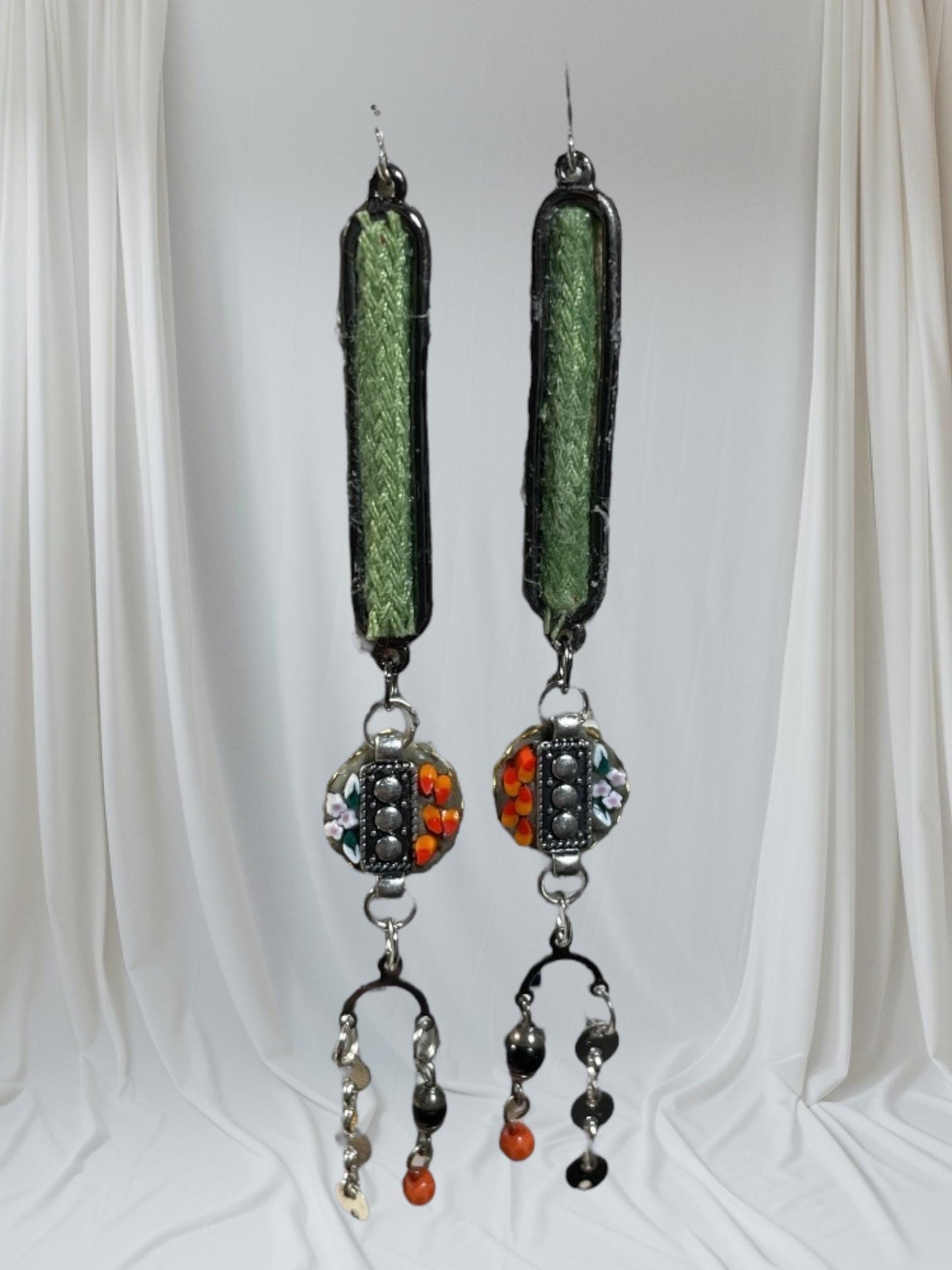 Handcrafted Boho Mosaic Dangle Earrings –Green Woven Fabric & Beaded Drop Earrings, Artisan Statement Jewelry, Colorful Mixed Media Earrings