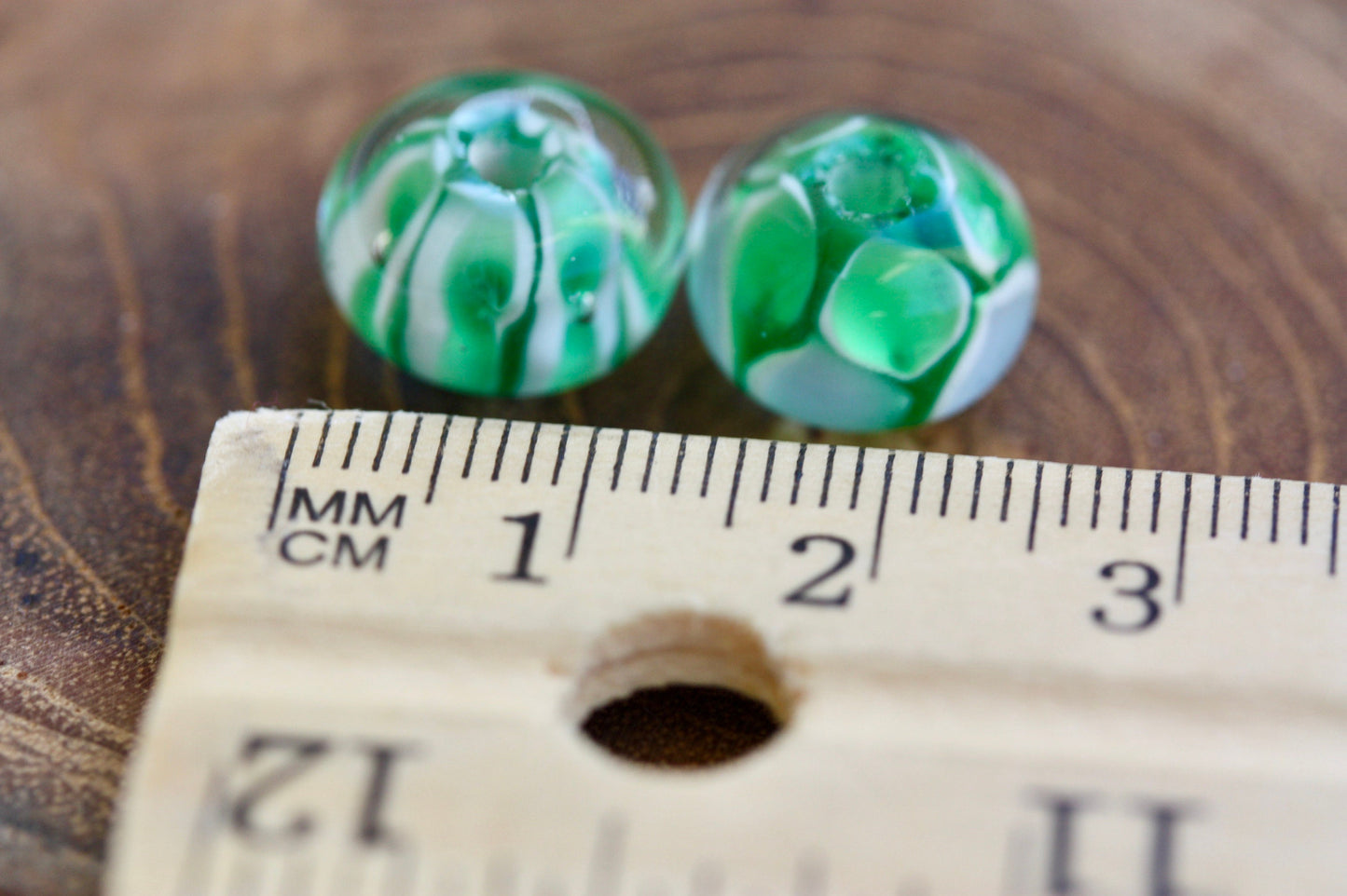 Two stunning vintage glass beads - shades of green and white