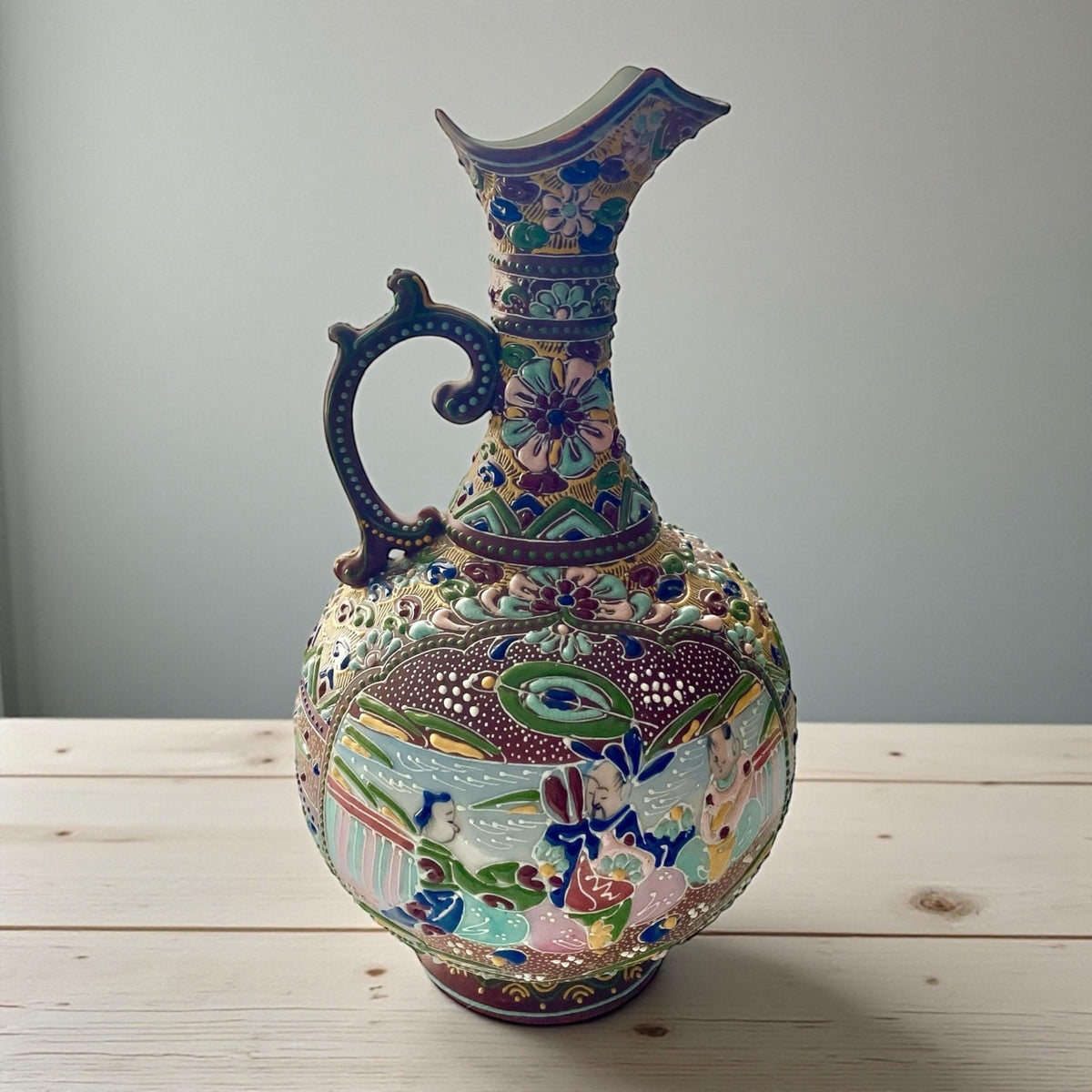 Antique Japanese Satsuma Moriage Pitcher | Hand Painted Figural Ewer Vase | Raised Enamel Gold Gilt | Meiji Style Art Pottery