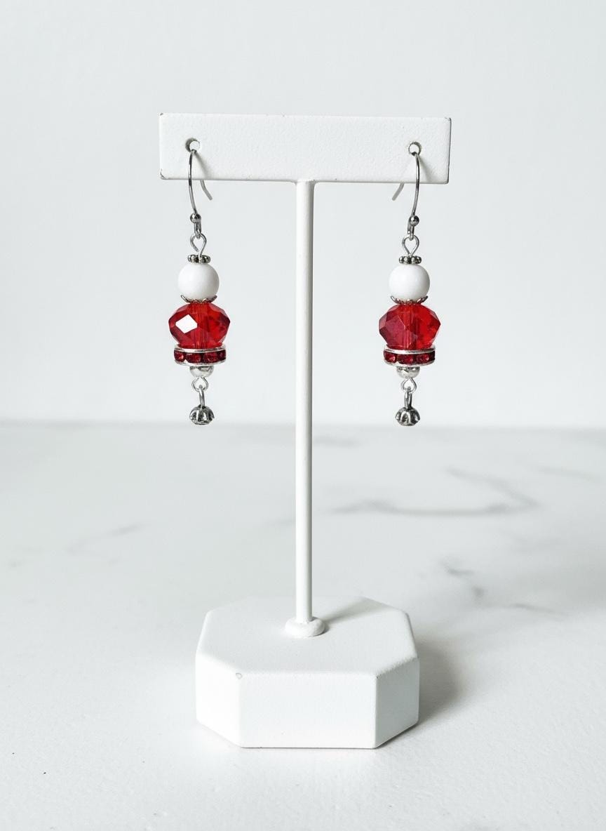Handmade Red Crystal & White Bead Dangle Christmas Earrings – Sparkly Drop Earrings, Lightweight Beaded Jewelry