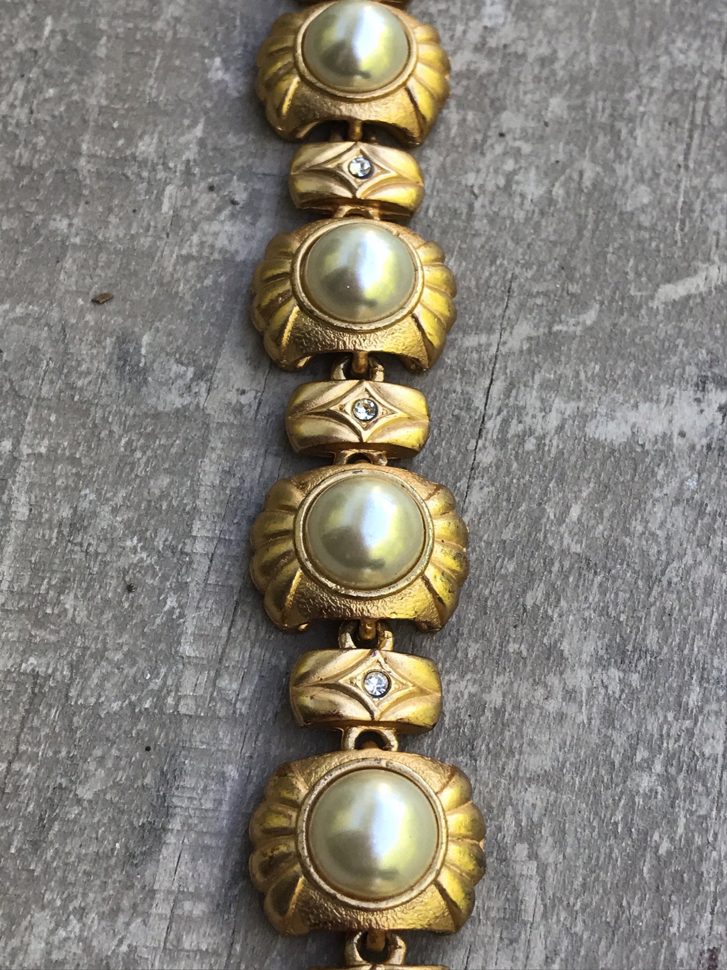 Stunning vintage panel link faux pearl goldtone bracelet