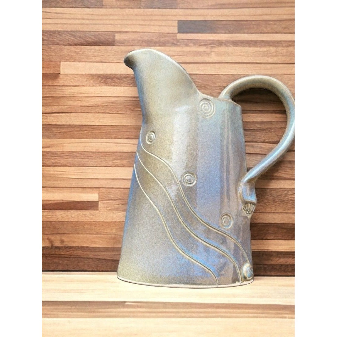 Stunning pottery pitcher - narrow, oval shaped, handmade, vintage - silvery blue gray glazed exterior, blue glazed interior