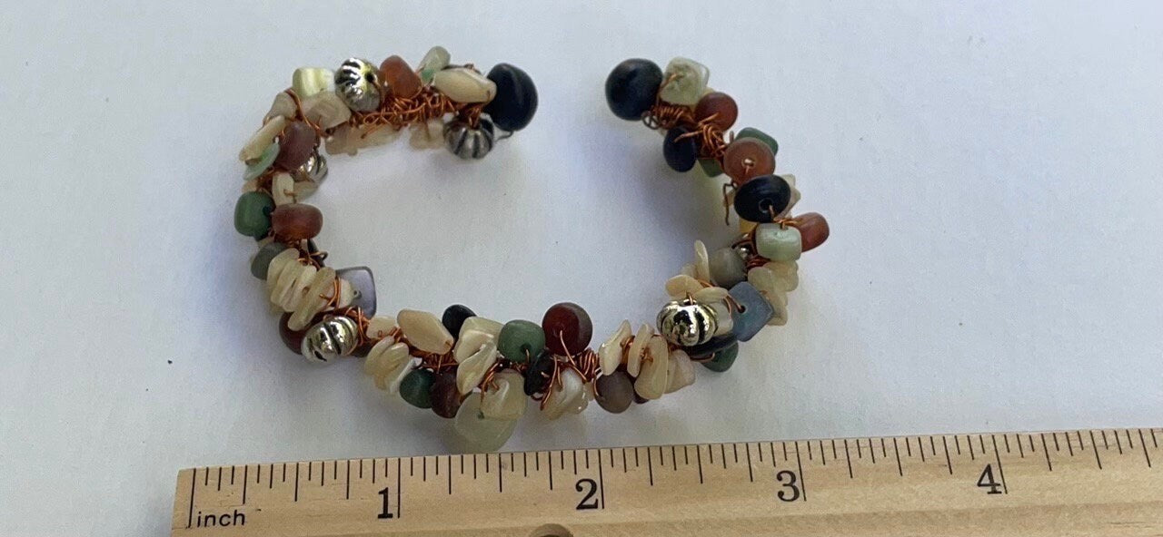 Mixed material shell and stone vintage wire formed cuff bracelet