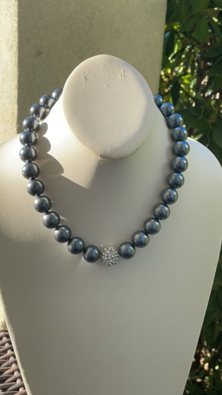 Stunning vintage large black faux pearl round beads with rhinestone ball that adds sparkle and bling