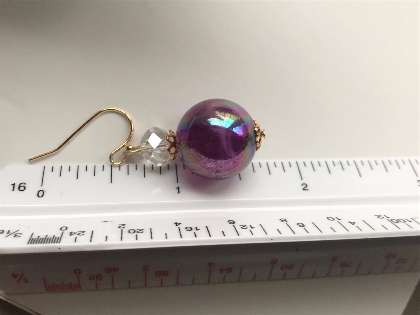 Handmade earrings with upcycled vintage purple glass ball dangles and faceted glass crystal