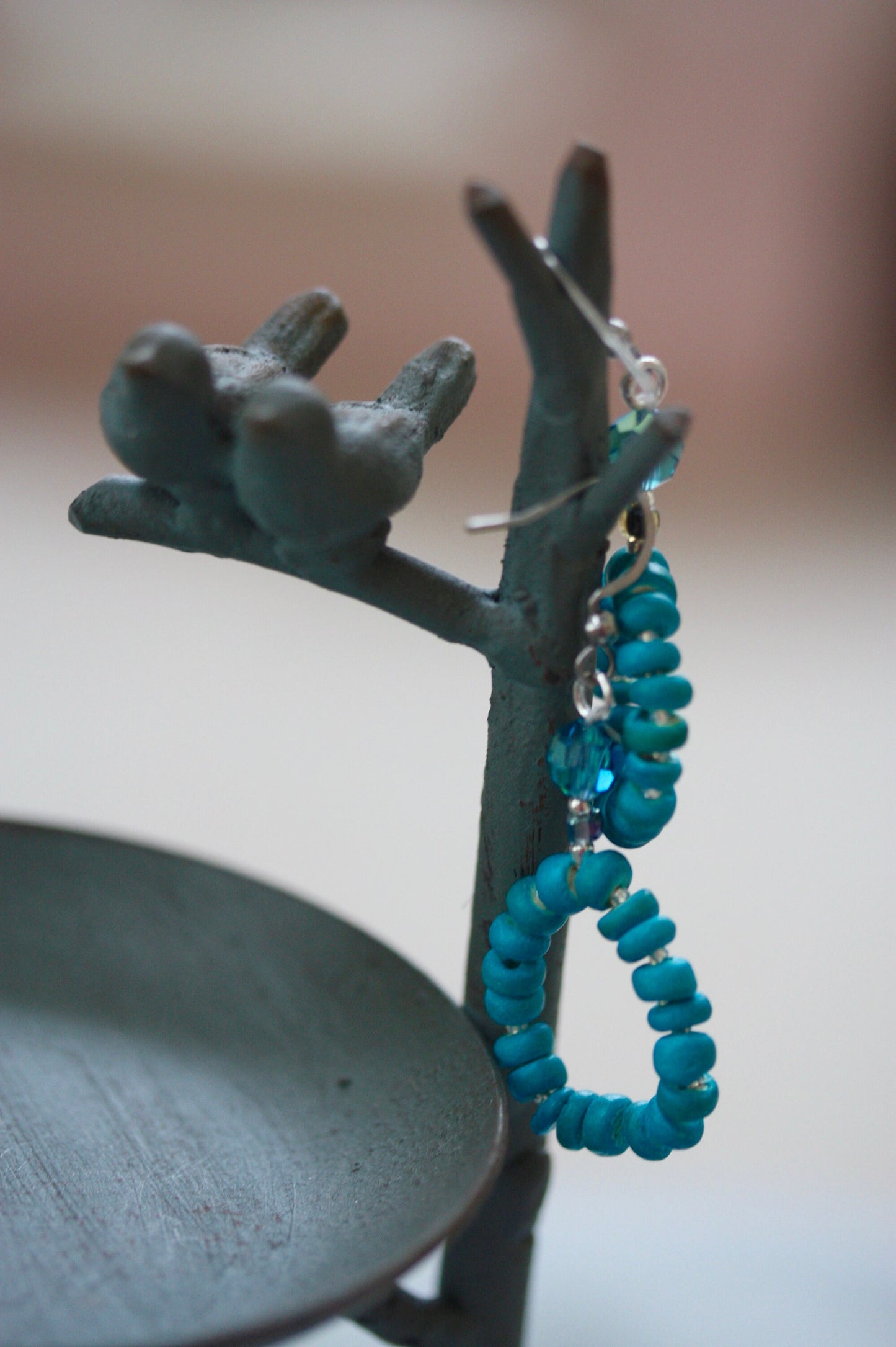 Blue wood heishi beads with crystal white glass spacers and blue faceted crystal dangle hoop earrings - vintage and new materials