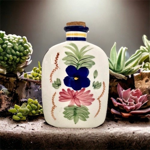 Vintage signed BIA CORDON BLEU Ceramic Bottle Jug Vase with cork Hand Painted with floral design