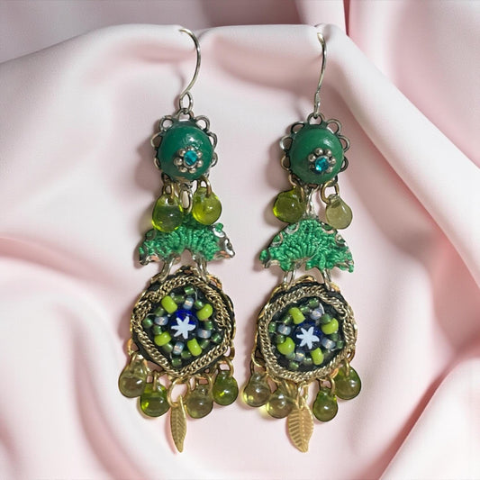 Green Beaded Dangle Earrings – Handmade Boho Jewelry with Textile, Glass beads & Leaf Charms