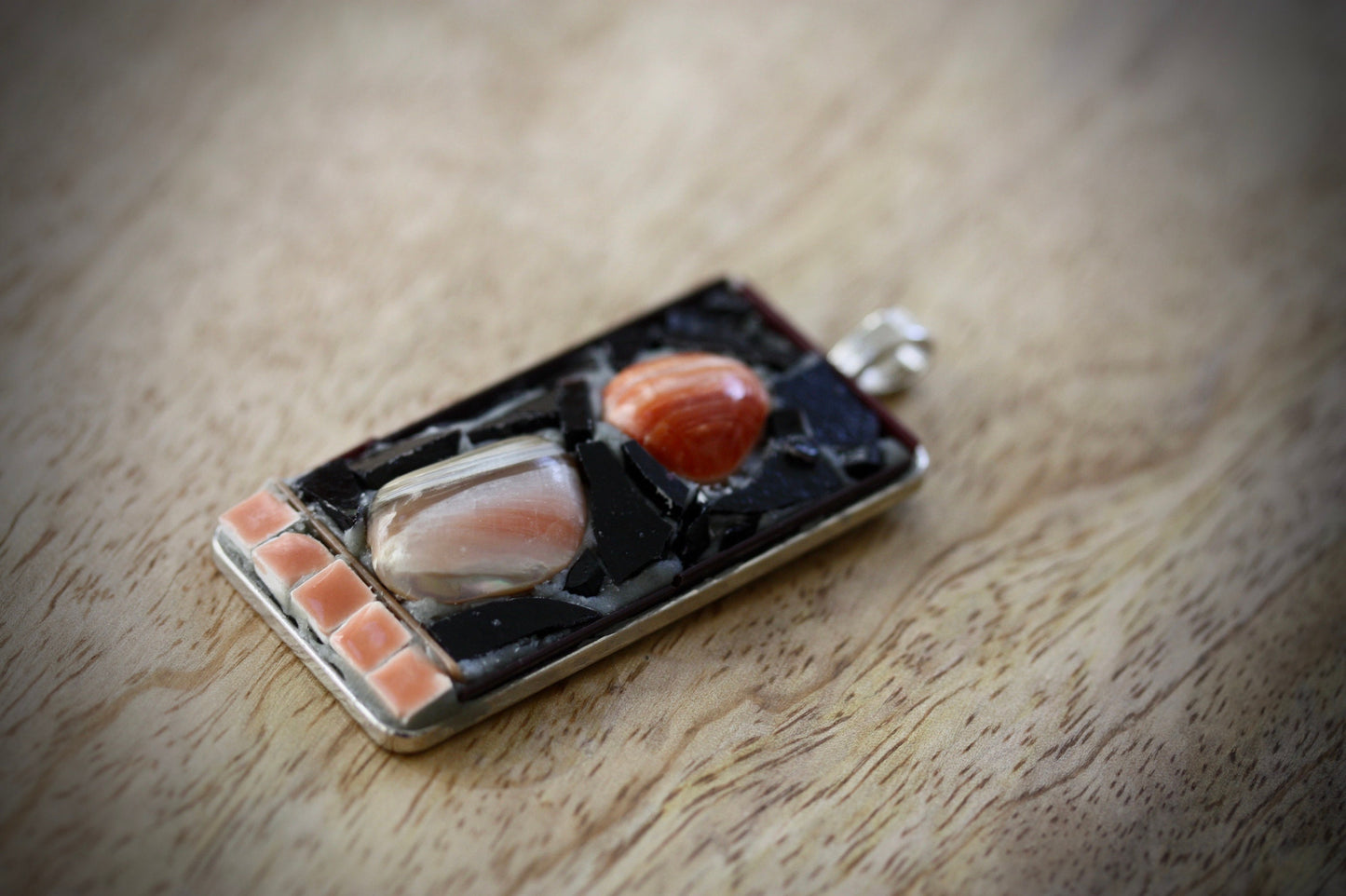 Handmade mixed material mosaic necklace - abalone, black glass, terra cotta orange colored ceramic