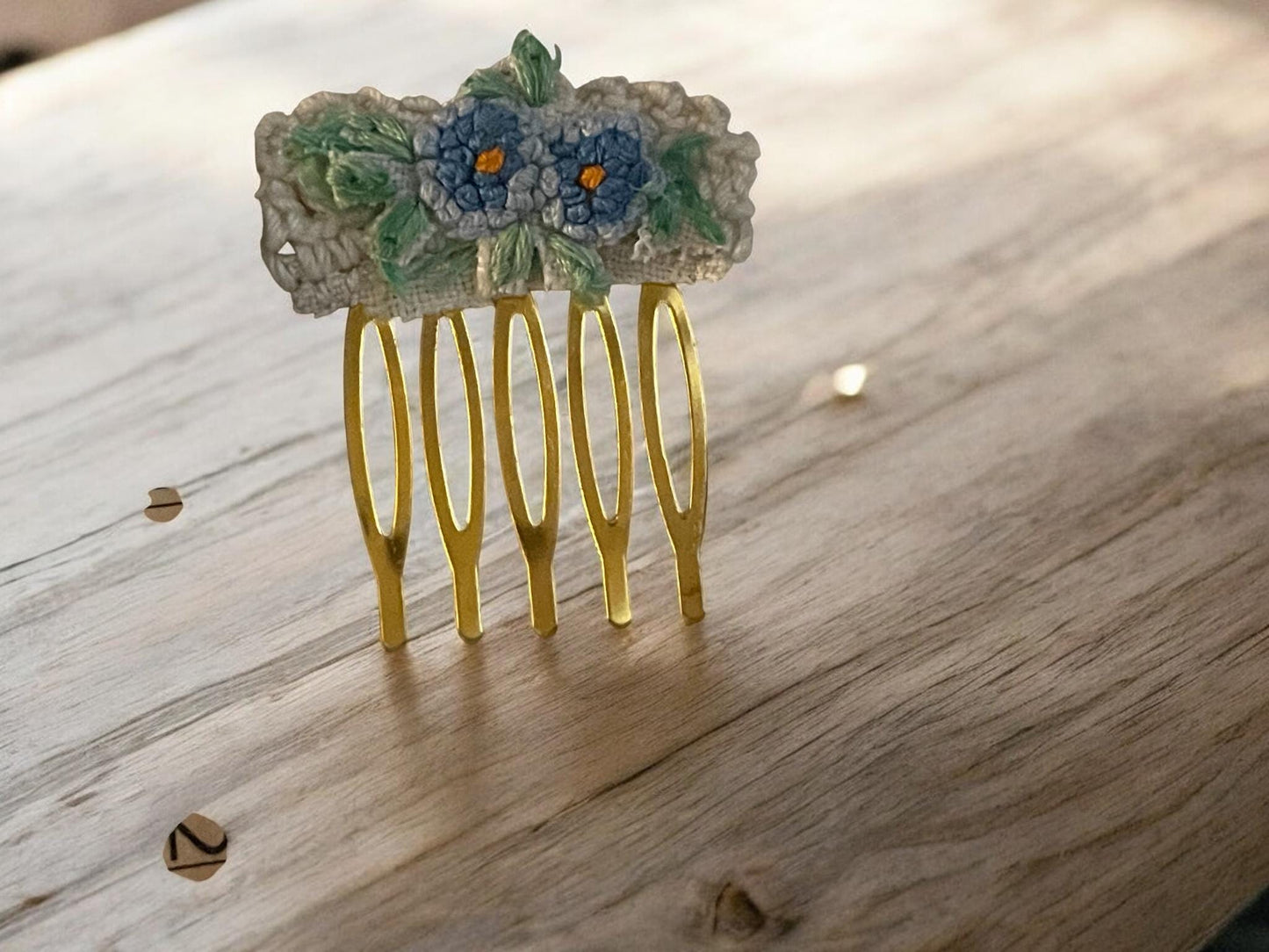 Floral hair comb handmade with embroidery and lace salvaged from vintage linens