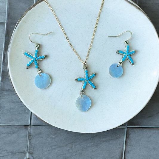 Stunning blue beaded starfish and mother of pearl necklace and earring set