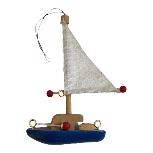 Vintage Wooden Sailboat Christmas Ornament – Charming Nautical Holiday Decor with White Linen Sail, Coastal Christmas Ornament