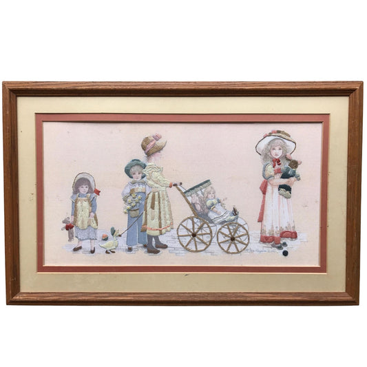 Vintage Framed Embroidered Victorian Scene Artwork With Children & Stroller