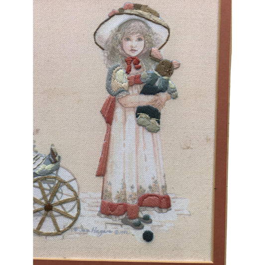 Vintage Framed Embroidered Victorian Scene Artwork With Children & Stroller