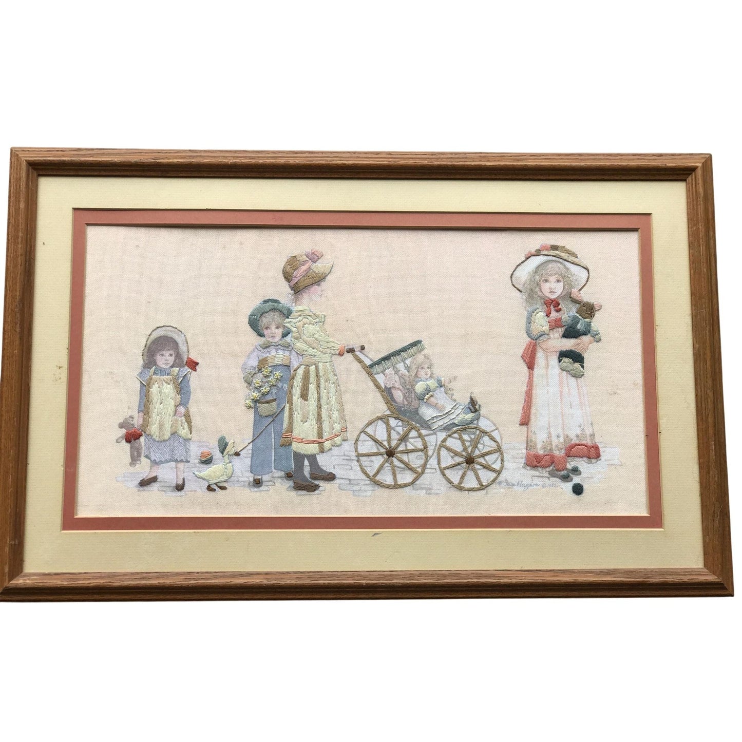 Vintage Framed Embroidered Victorian Scene Artwork With Children & Stroller