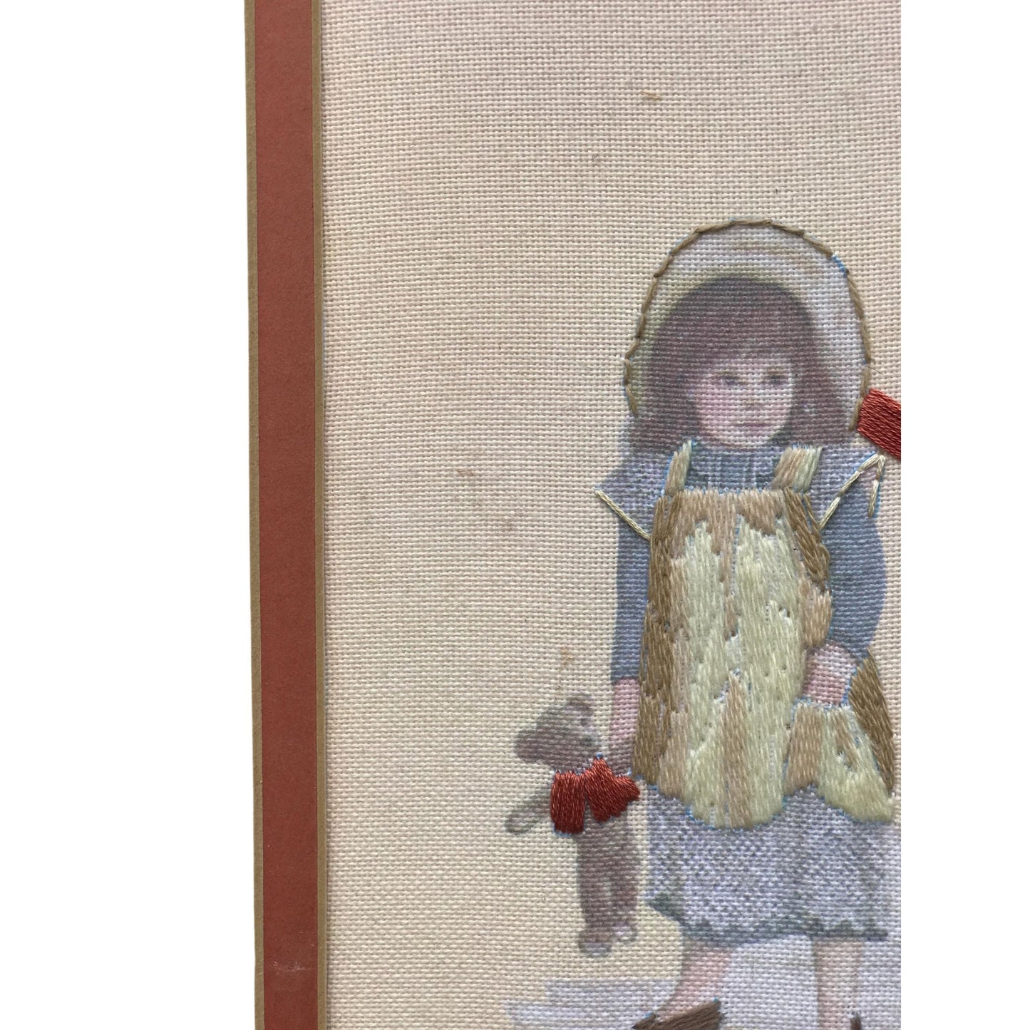 Vintage Framed Embroidered Victorian Scene Artwork With Children & Stroller