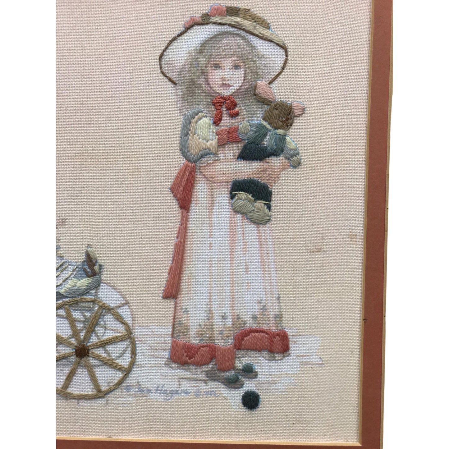 Vintage Framed Embroidered Victorian Scene Artwork With Children & Stroller