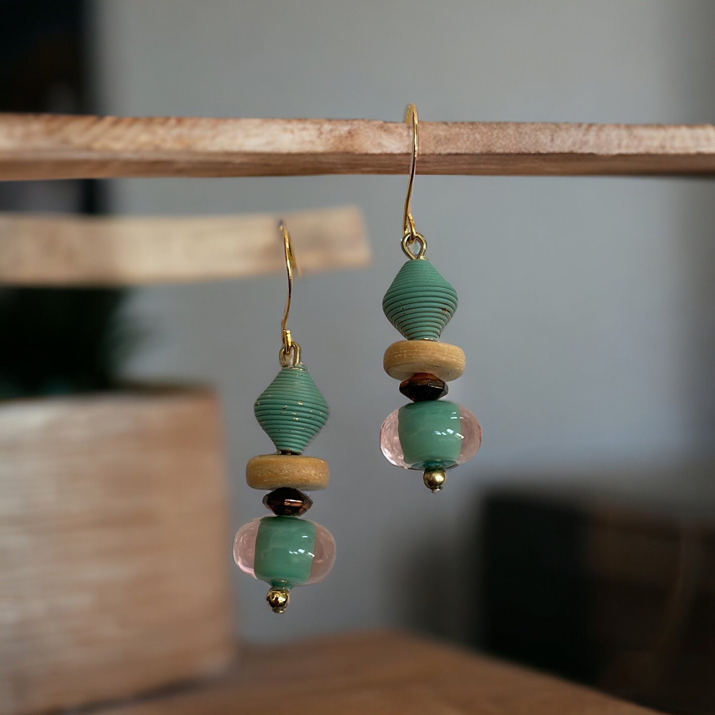 Mixed material glass, metal and wood turquoise drop earrings