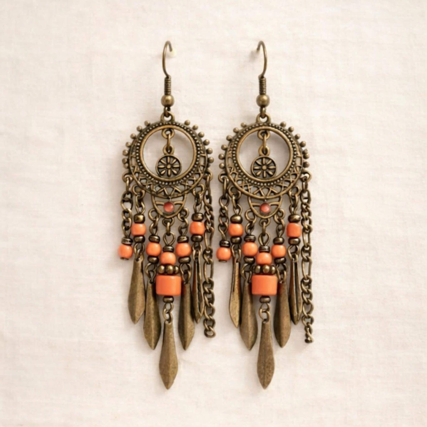 Boho Chandelier Earrings • Coral Bead Dangle Earrings • Faux Antique Brass • Bohemian Statement Earrings • Long Drop Earrings 3.25" long