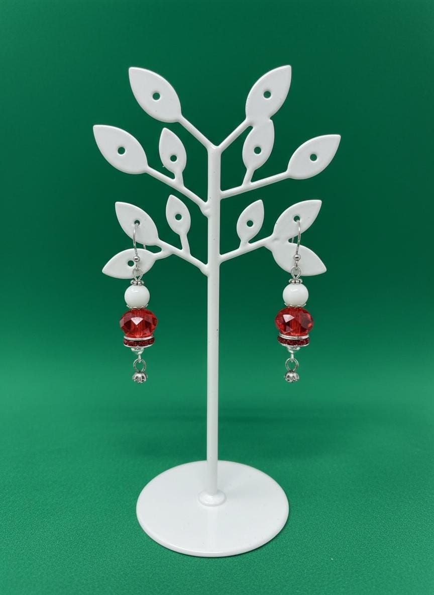 Handmade Red Crystal & White Bead Dangle Christmas Earrings – Sparkly Drop Earrings, Lightweight Beaded Jewelry