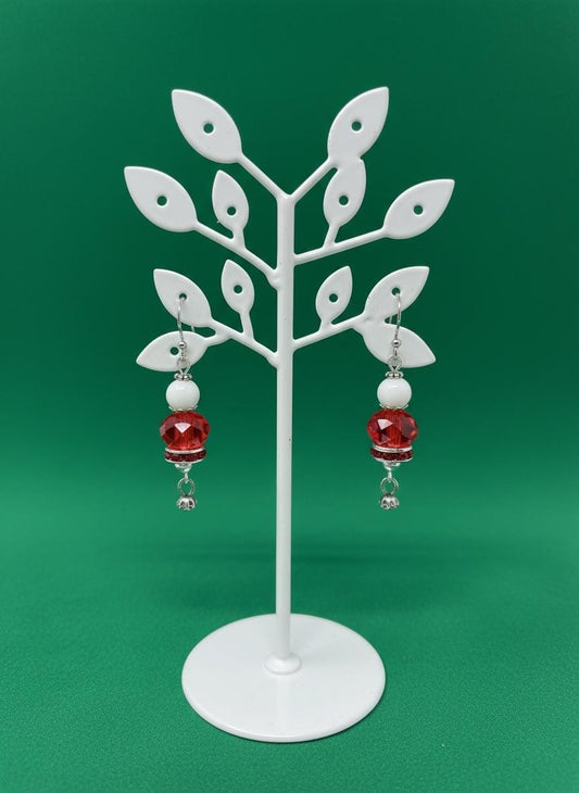 Handmade Red Crystal & White Bead Dangle Christmas Earrings – Sparkly Drop Earrings, Lightweight Beaded Jewelry