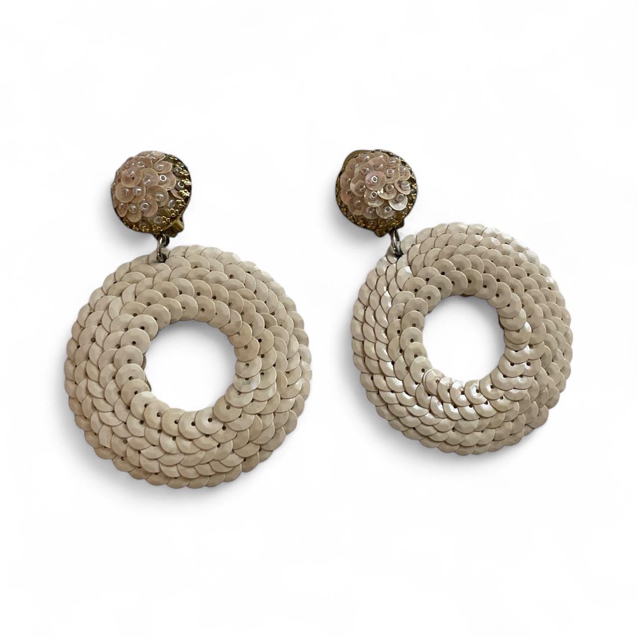 Vintage Cream Sequined Clip-On Hoop Earrings – 3" Statement Dangles Glam