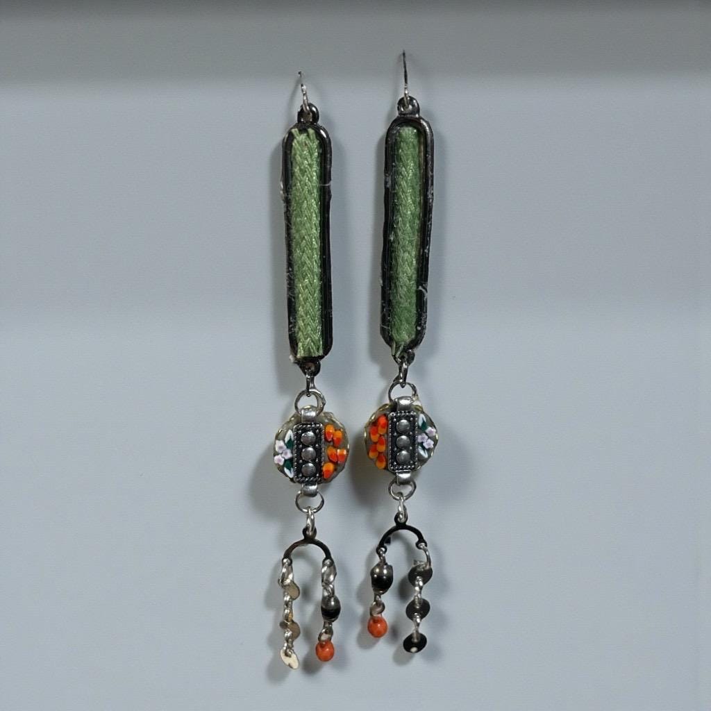 Handcrafted Boho Mosaic Dangle Earrings –Green Woven Fabric & Beaded Drop Earrings, Artisan Statement Jewelry, Colorful Mixed Media Earrings