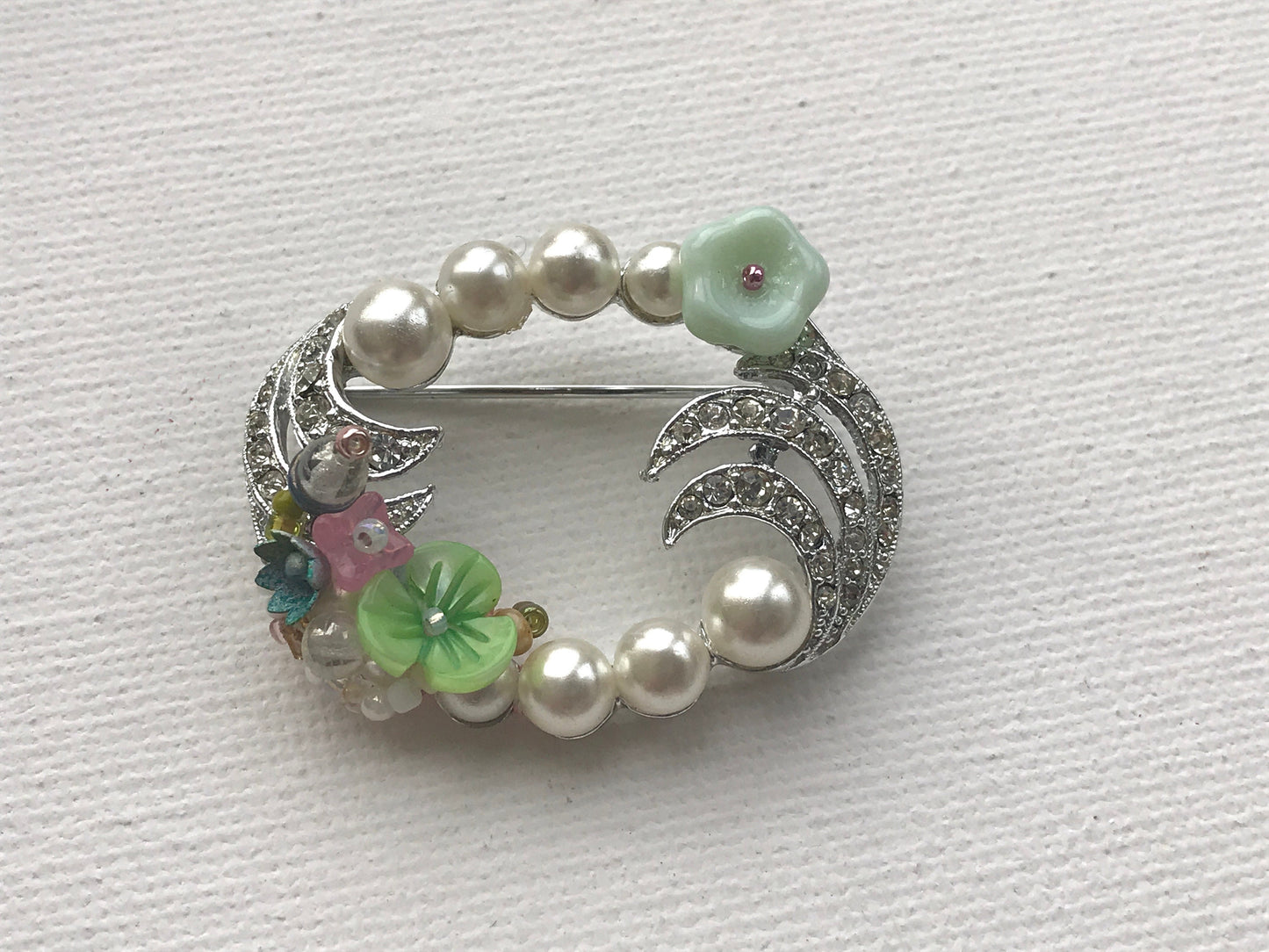 Revised, Modernized, Upcycled - hand made / hand painted one-of-a-kind mixed media beaded vintage wreath flower pin brooch