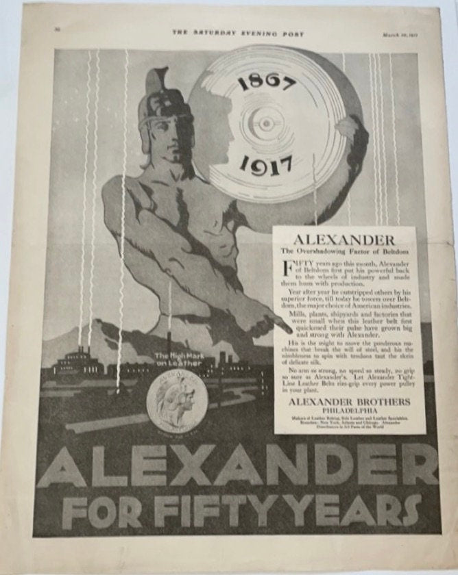 1917 Original Alexander Brothers Philadelphia full page leather advertisement from a 1917 issue of The Saturday Evening Post