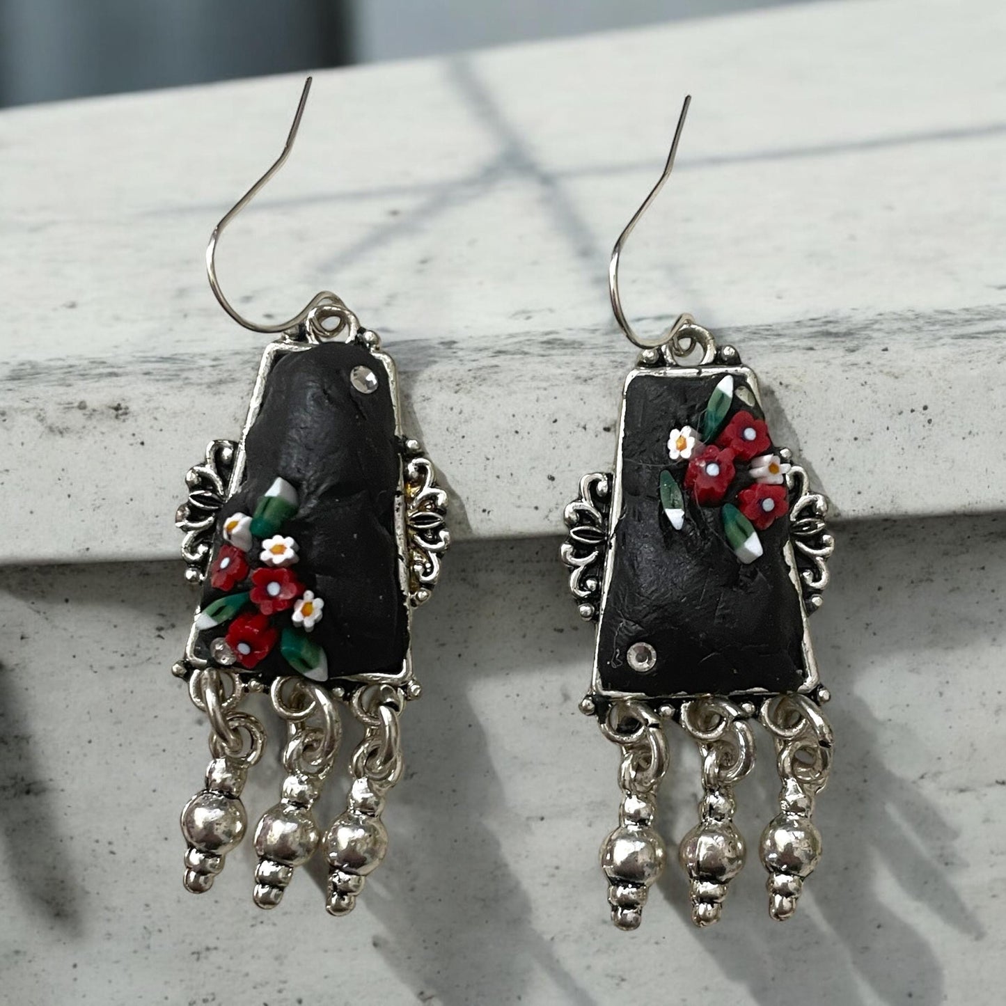 My own handmade Italian style hand cut micro mosaic millefiori dangle earrings with sterling silver ear wires