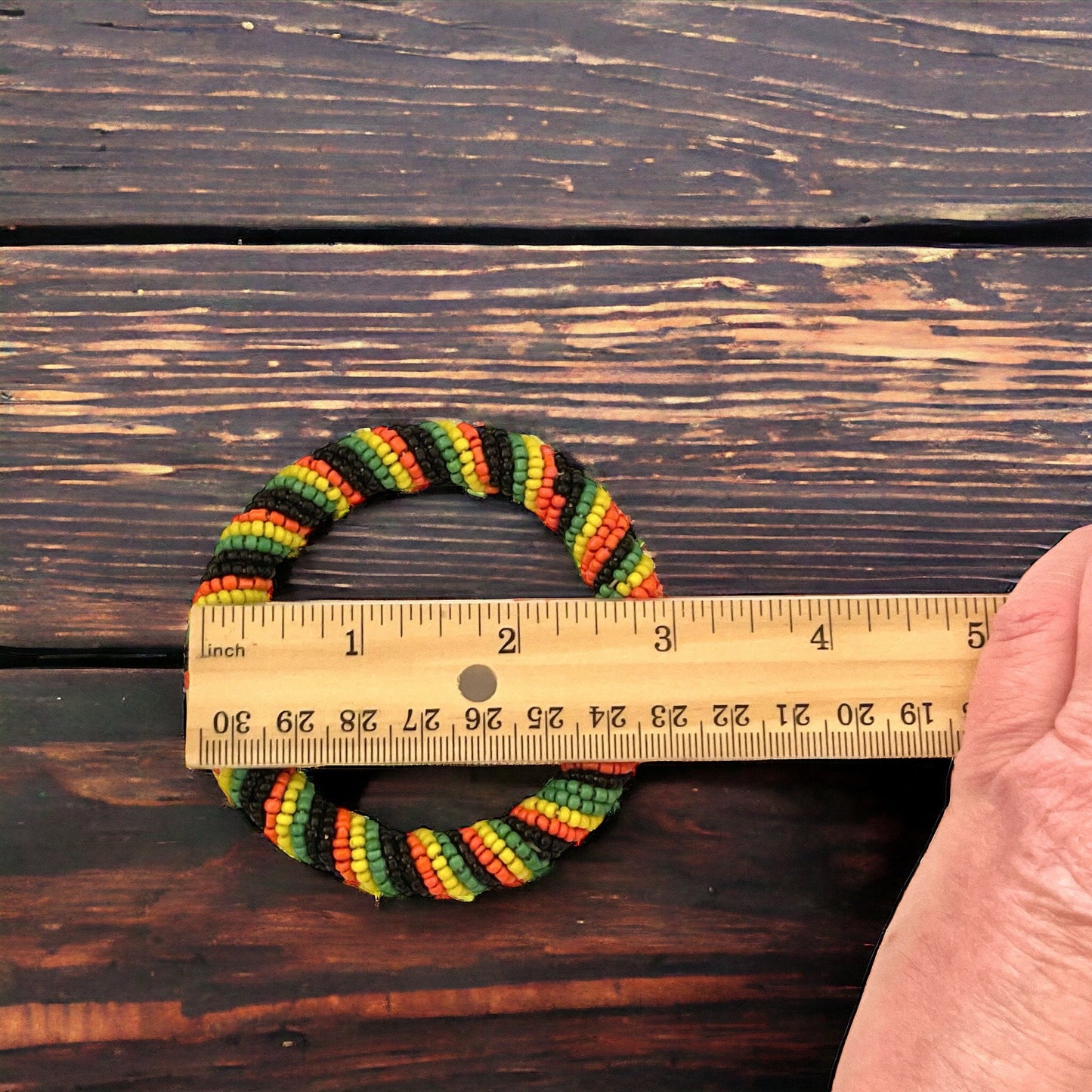 Seed beaded vintage bangle bracelet - Orange, yellow, green and black