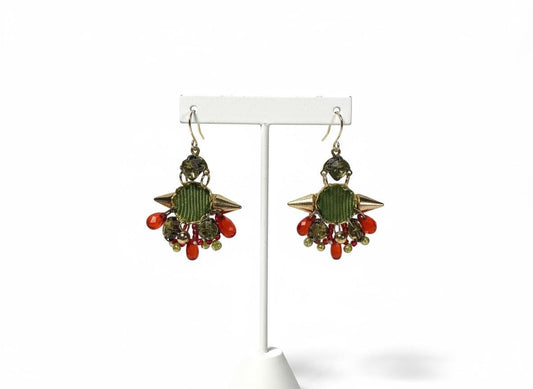 Handmade Mixed-Material Christmas Earrings – Green and Red - includes Fabric, Metal, Faux Crystal and Glass - Holiday Dangles
