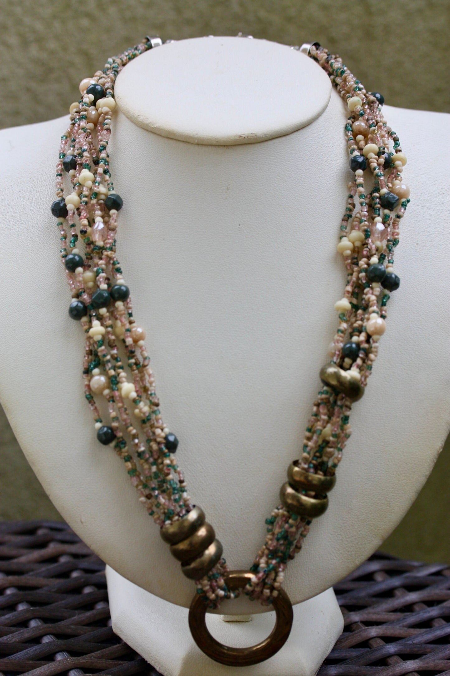 Stunning mixed material -  shades of pink, green and cream multi strand vintage necklace with adjustable hoops