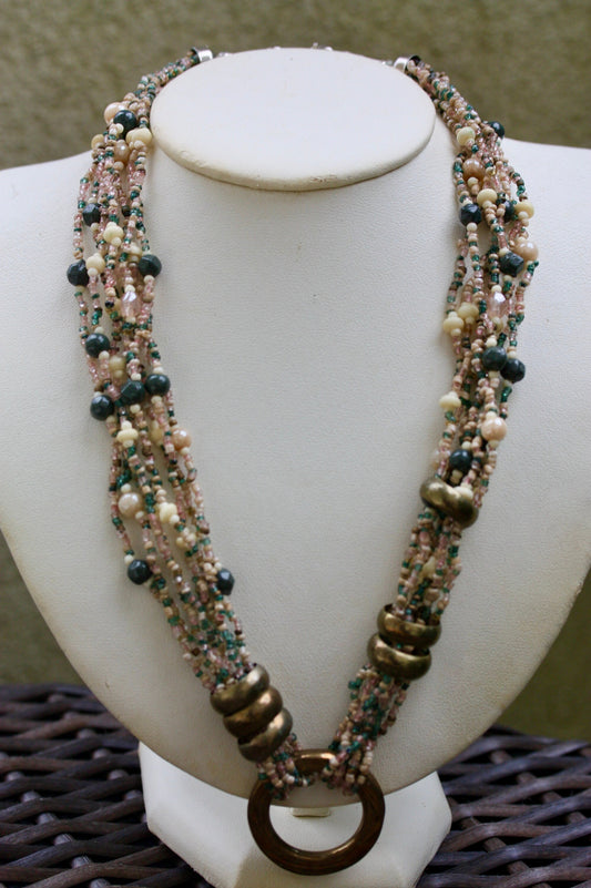 Stunning mixed material -  shades of pink, green and cream multi strand vintage necklace with adjustable hoops