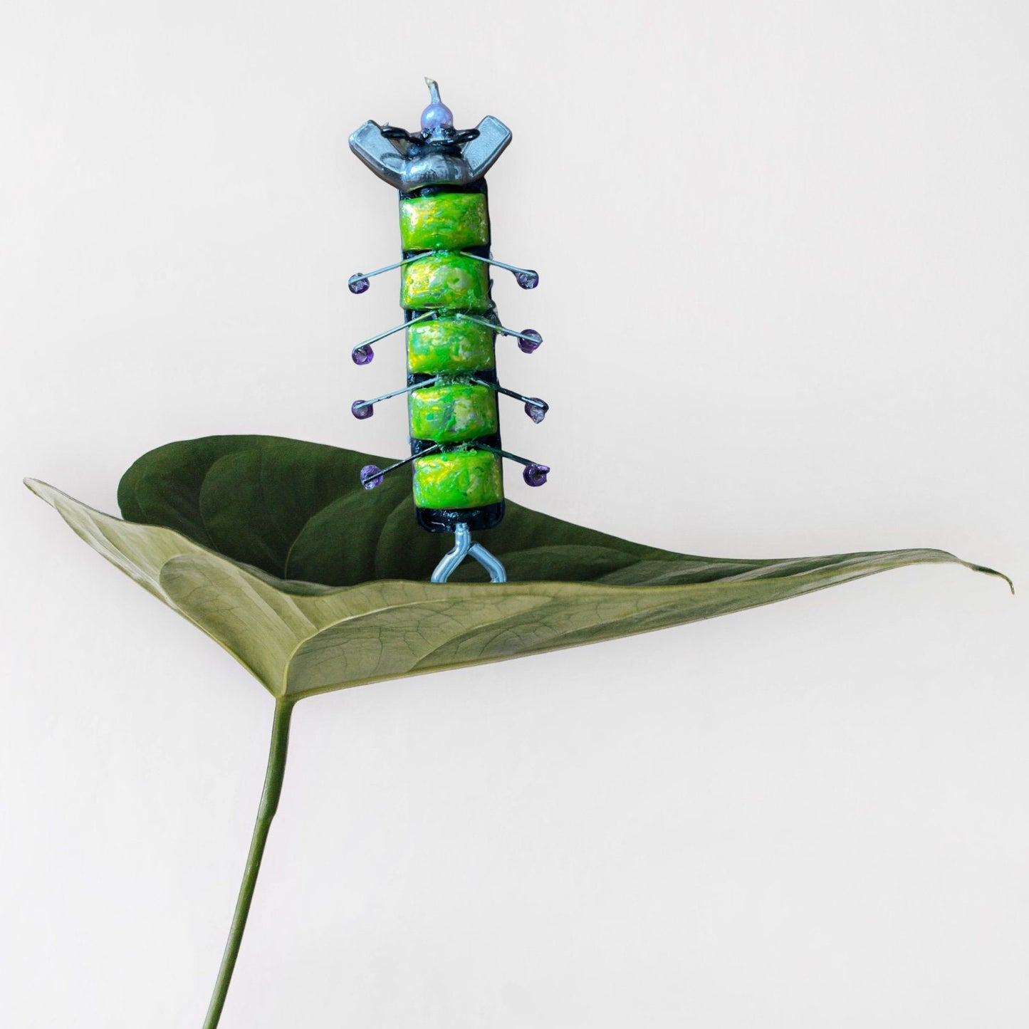 Caterpillar style insect pin - made of staples, hardware (nuts/screws), glass and upcycled elements - Assemblage art / mixed media collage