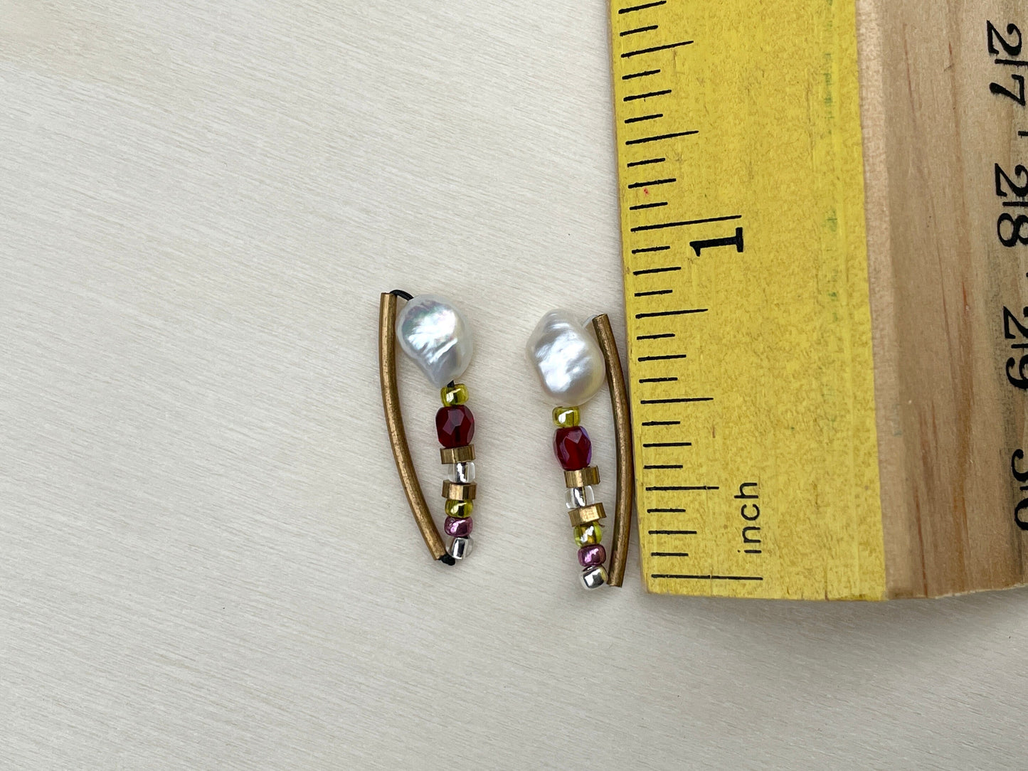 Unique mixed material handmade sterling silver stud earrings - baroque pearls, glass, metal, Japanese seed beads