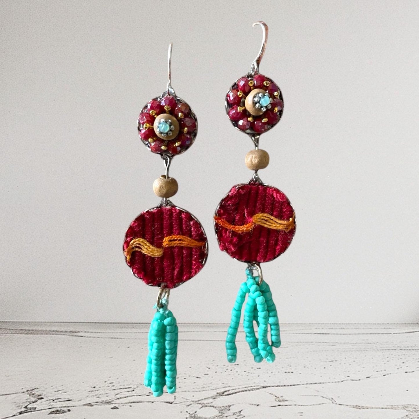 Collage earrings - "Red Sky" - fabric, wood, mixed metals, glass seed beads - sterling silver ear wires