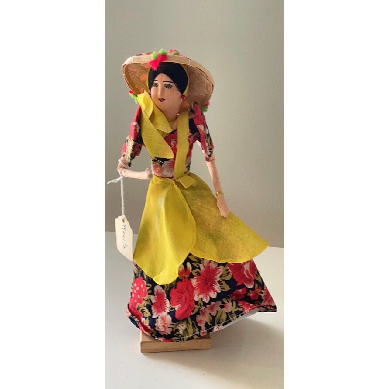 Stunning vintage Manila Philippines Collectible Floral Patadyong National Costume Doll with straw polka dot hat