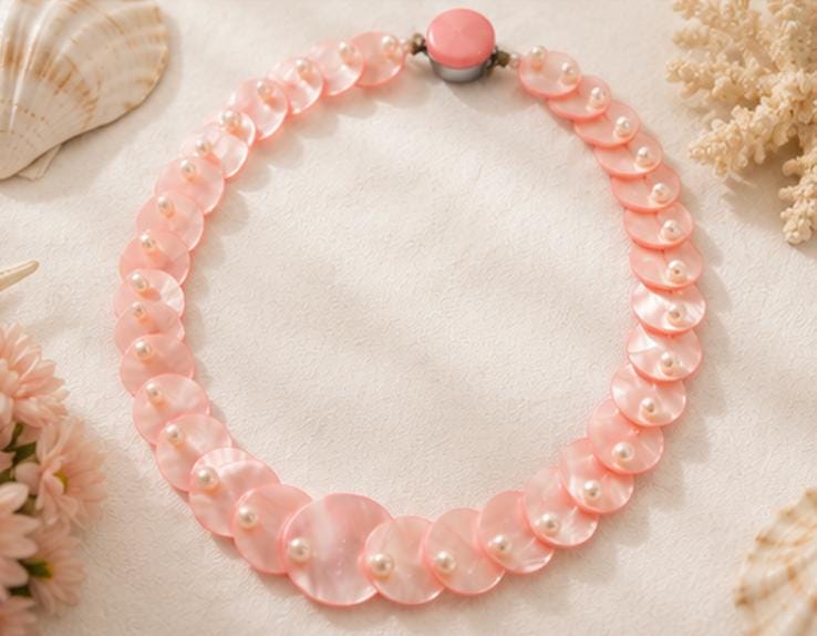 Vintage Pink Mother of Pearl Disc Necklace 20" | Shell Coin Statement Necklace with Faux Pearls | Coastal Cottage Jewelry