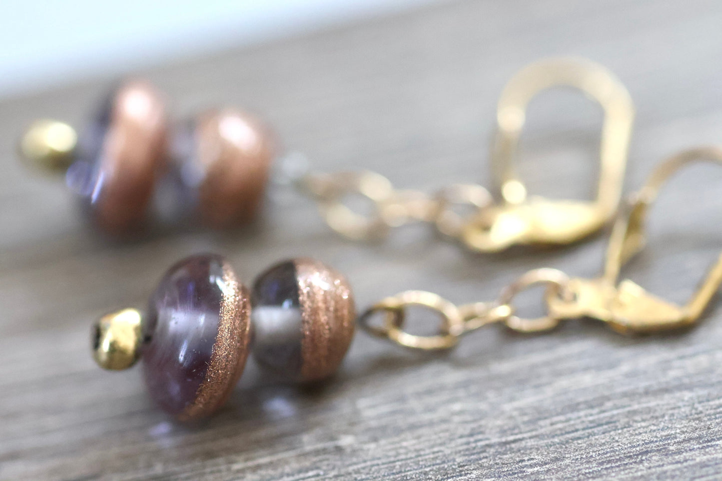 Deep purple and gently sparkled copper art glass vintage dangle earrings