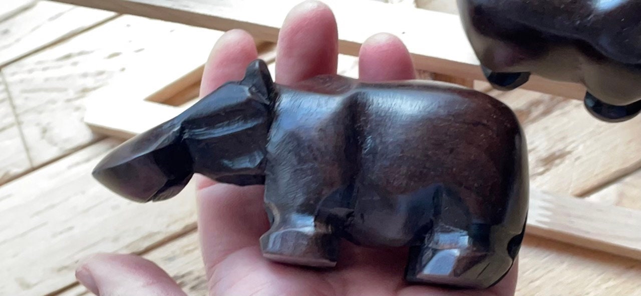 Amazing family of 5 solid high quality wood hippos - each hand carved in African with incredible artistry