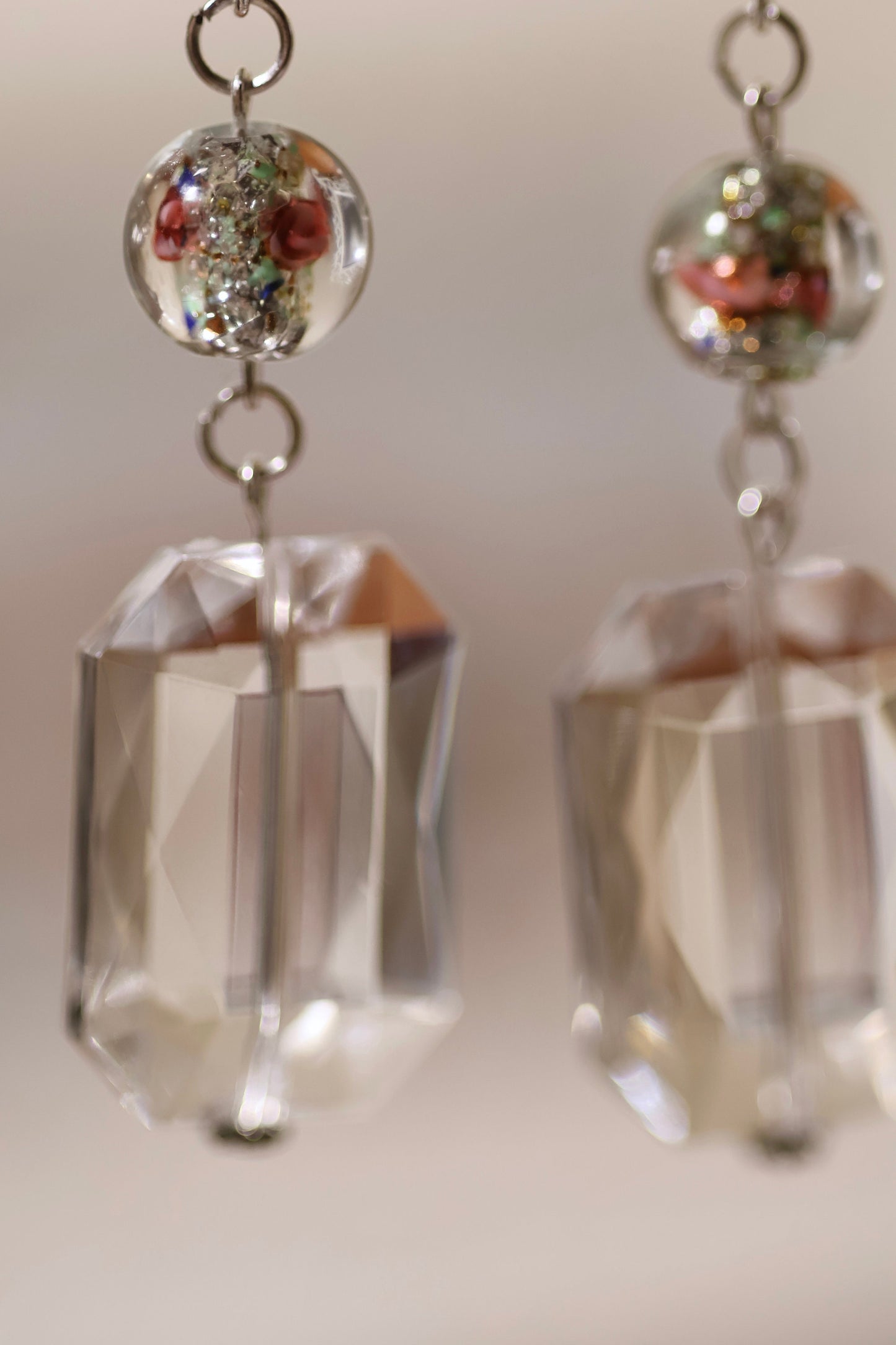 Clear bevel cut acrylic 2" rectangular shaped dangle earrings with Czech foiled lampwork glass floating rose beads