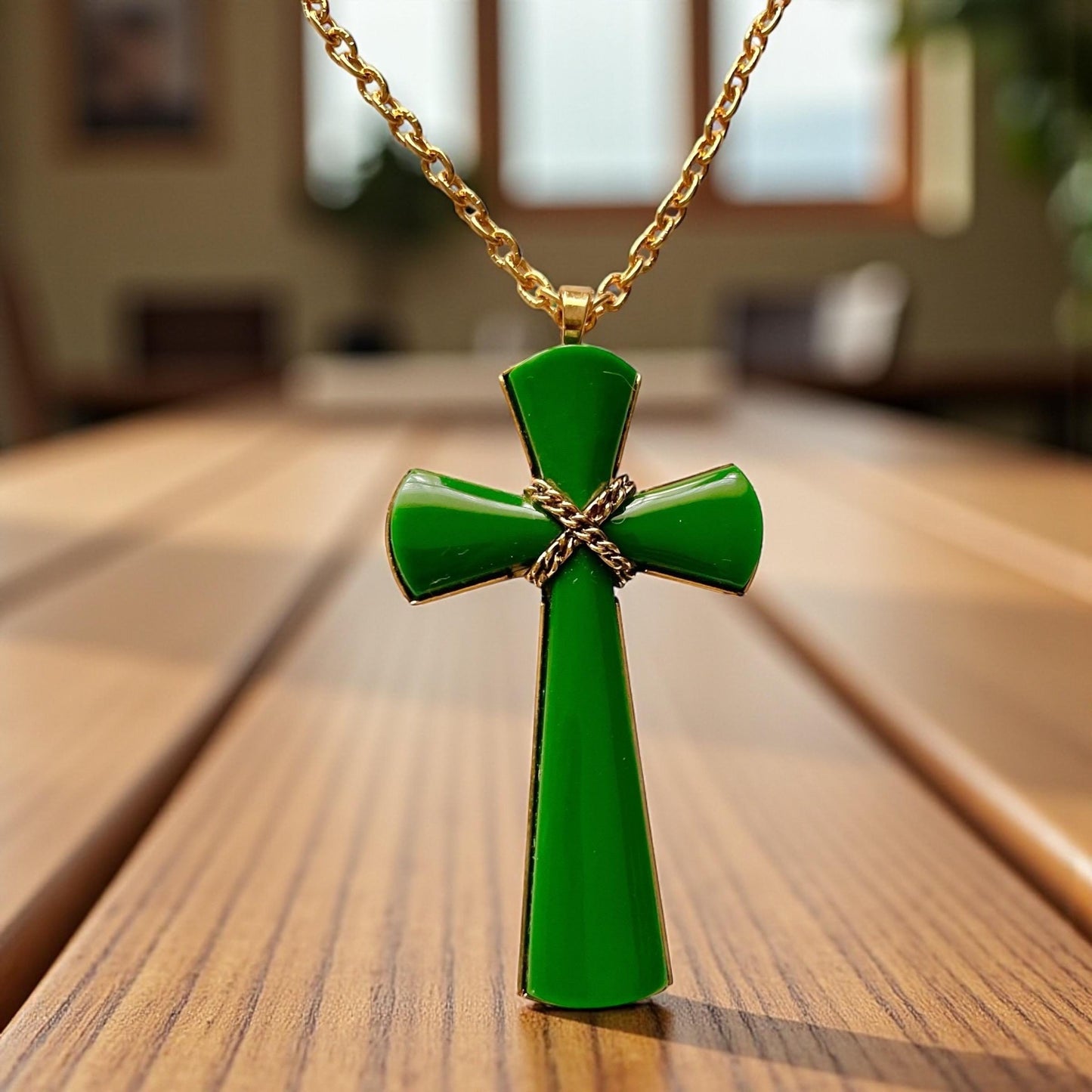 Vintage Avon Green Enamel Cross Pendant Necklace, Gold-Tone Chain, 1980s Avon Jewelry, Religious Statement Necklace