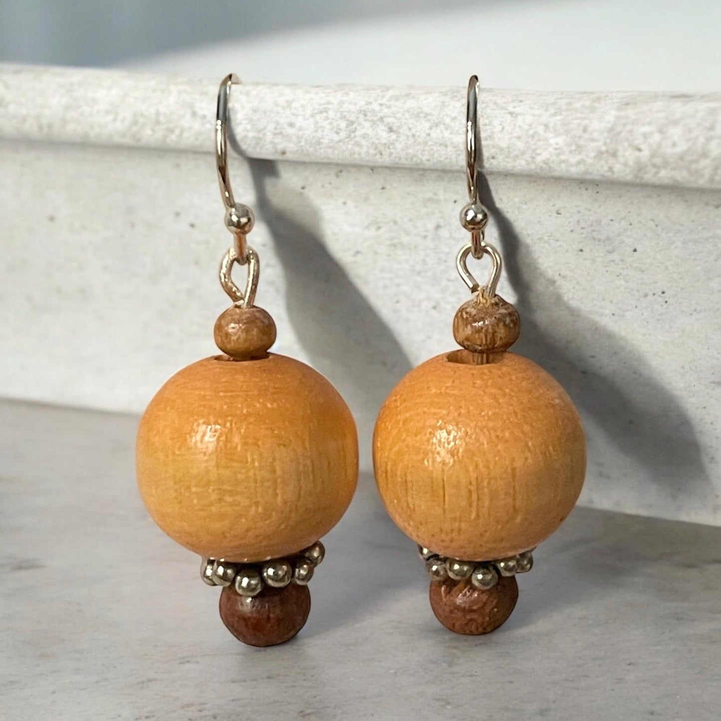 Handmade dangle earrings made with vintage wooden beads