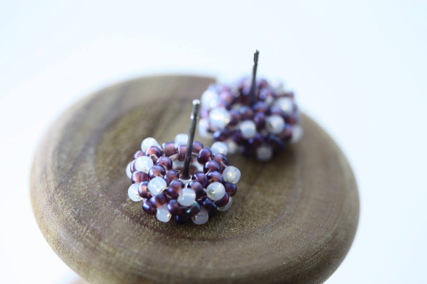 Hand beaded stud earrings - purple with drops of white glass - studs, beadwork studs, beaded studs